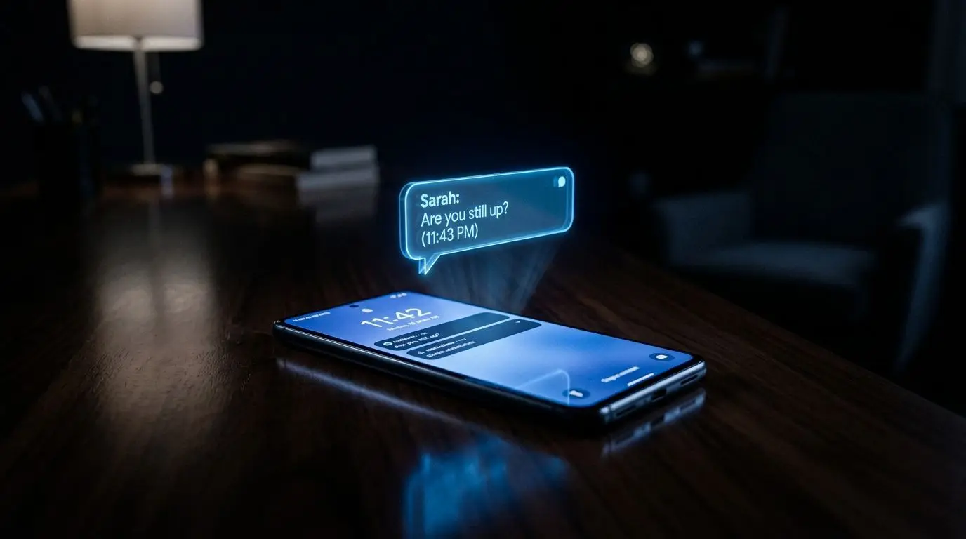 Telefon pe birou întunecat cu balon de chat holografic