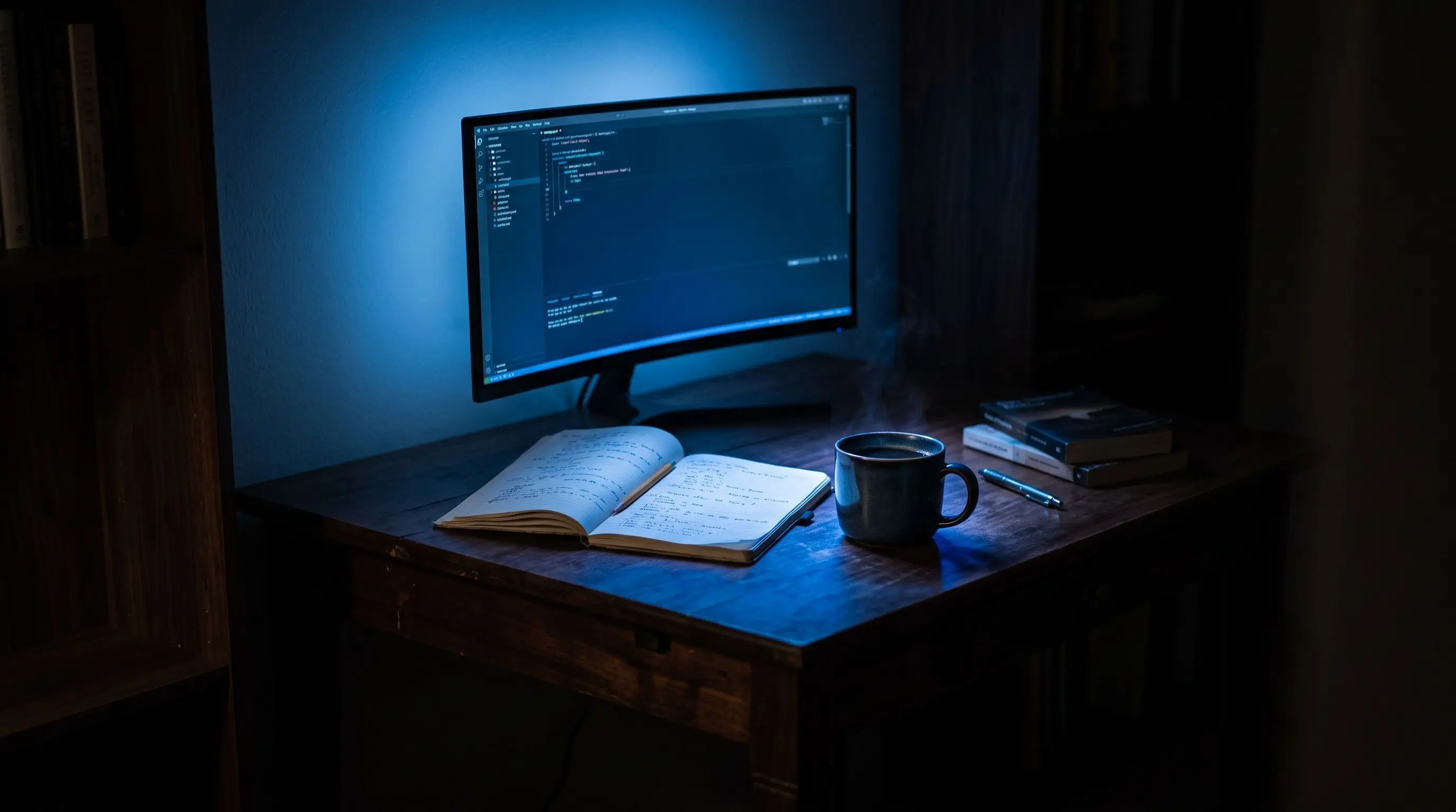 Birou liniștit noaptea, cu un monitor luminat cobalt, un caiet și o ceașcă de cafea